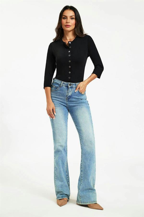 FS Collection Button Through 3/4 Sleeve Jersey Cardigan Top Black