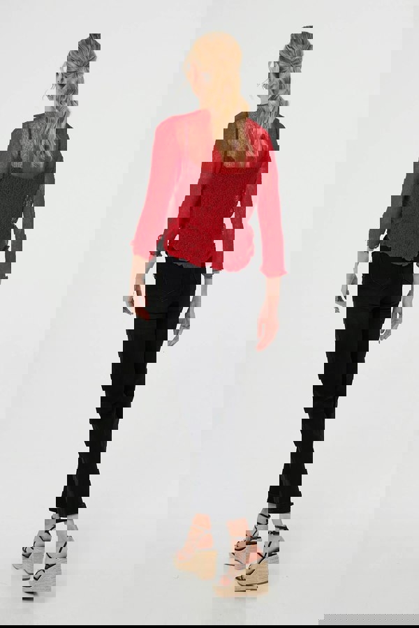 Red | Sheer 3/4 Sleeve Open Front Cardigan
