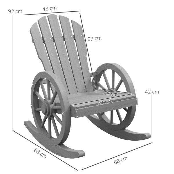 Grey wooden rocking armchair with slatted back and curved rockers, side view with size marks