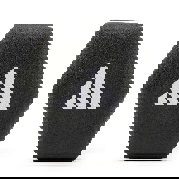 Black hexagonal 5kg neoprene dumbbell with Adidas logo on a white background