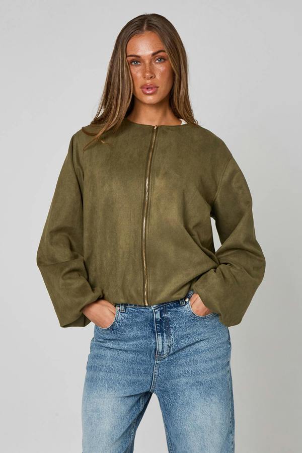 Urban Bliss Khaki Faux Suede Bubble Hem Jacket