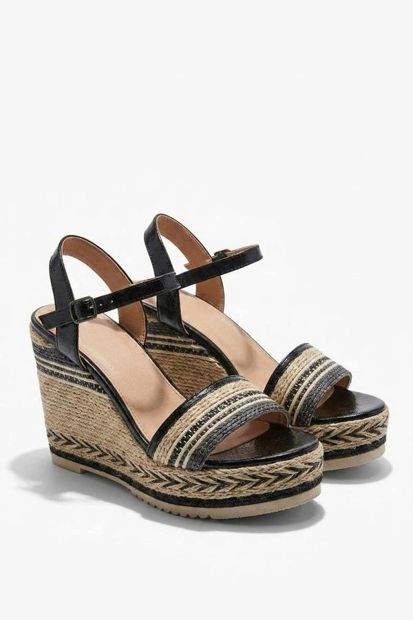 Samaya Striped Espadrille Buckle Wedge Sandals - Black_wb