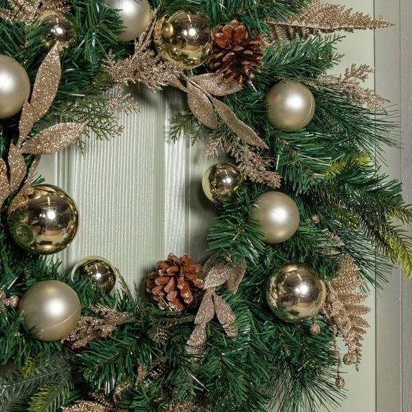 Samuel Alexander 60cm Hanging Christmas Wreath with Gold Baubles, Pinecones & Glitter Berries