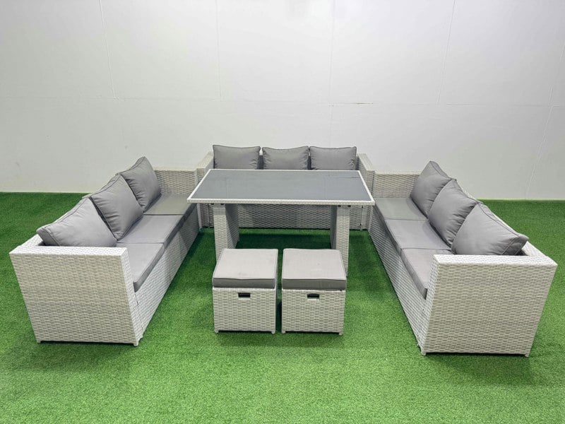 Fimous Patio Outdoor Garden Furniture Sets with Black Glass Top Dining Table 3 Seater Sofa 2 Small Stool Light Grey