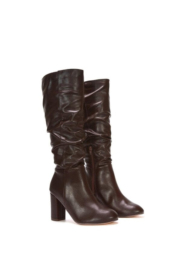 XY LONDON Ruched Zip-up Block Heeled Knee Calf Boots