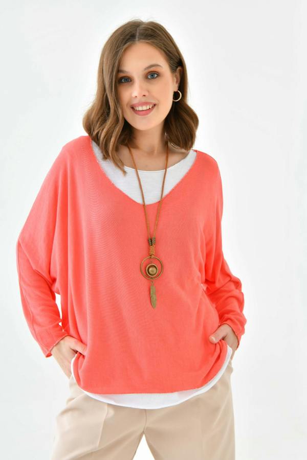 Hoxton Gal Oversized Long Sleeve Layered Blouse With Necklace in Coral and White