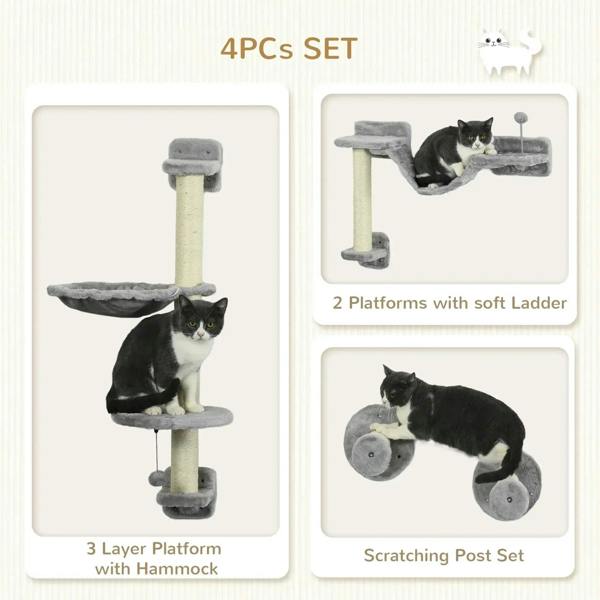 Four-piece grey wall-mounted cat tree set with hammock, platforms, and scratching posts