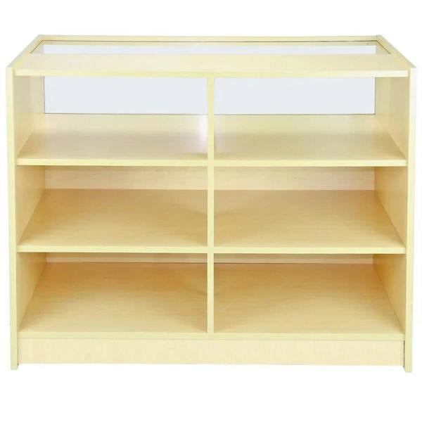 Pisces Maple Shop Counter features a light maple finish, six spacious shelves, and a glass display top for retail showcasing