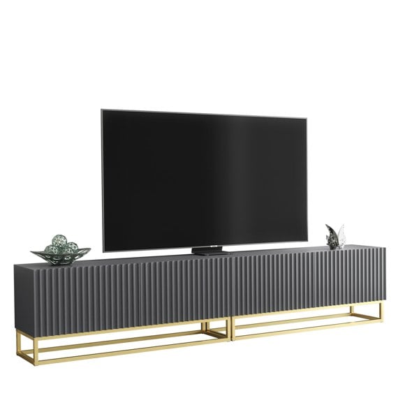 Mex Furniture Modular Grey TV Unit with Gold Base 200cm – Fluted Fronts & Push-Down Doors