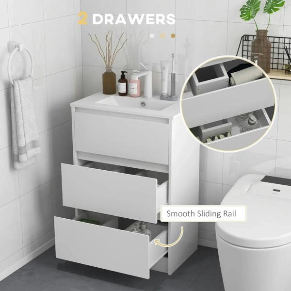 High gloss white vanity unit with two pull-out drawers and integrated sink basin