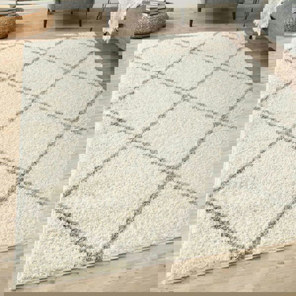 Diamond Design Thick Shaggy Area Rugs Ivory