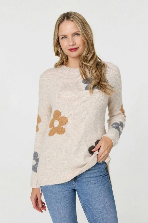 Beige | Floral Textured Knit Long Sleeve Jumper
