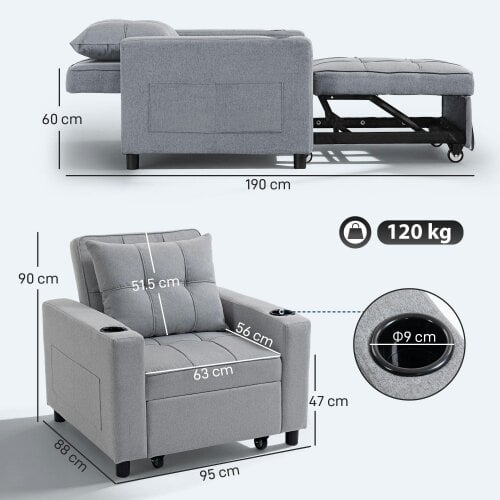 Wyld Haus Soliri Light Grey Upholstered 3 In One Convertible Single Sofa Bed Tufted Cushion