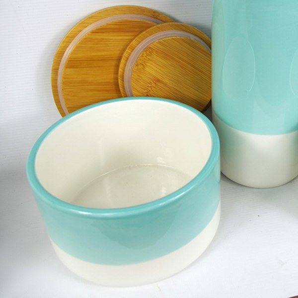 Leaf Set of Three Canisters Aqua Green Ceramic Storage Jars with Lids