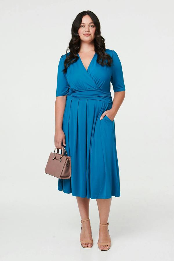 Turquoise | Curve Ruched Waist Faux Wrap Midi Dress