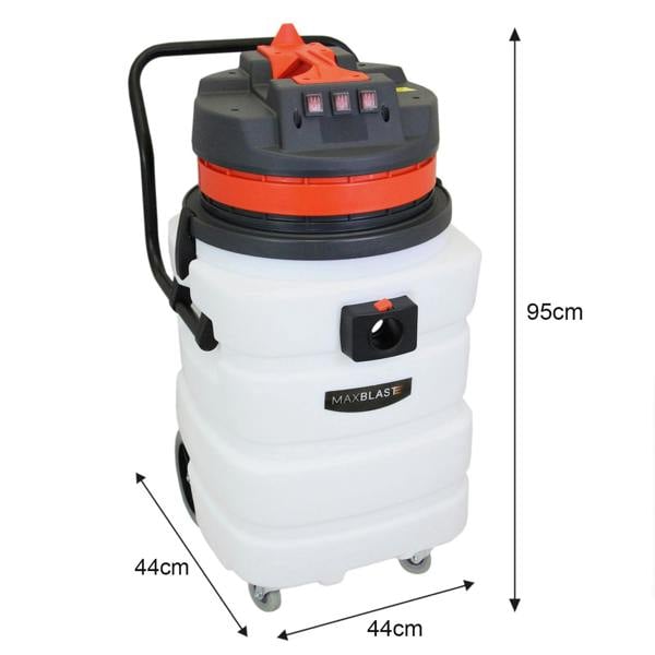 90L wet and dry vacuum with a sturdy white body, red accents, and wheels for easy mobility, measuring 95cm tall and 44cm wide