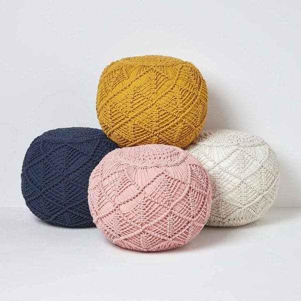 HOMESCAPES Macrame Knitted Pouffe Been Filled Crochet Round Footstool 100% Cotton Braided Design
