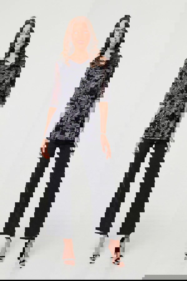 Black | Floral Relaxed Semi Sheer Peplum Blouse
