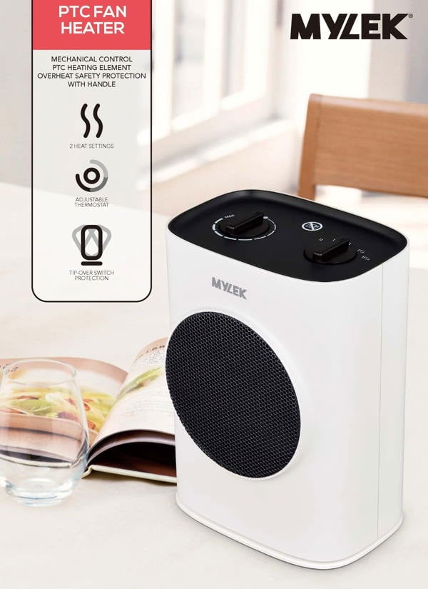 MYLEK Fan Heater Oscillating 1.8kW Ceramic PTC 2 Heat Settings Produces Warm Air Adjustable Thermostat