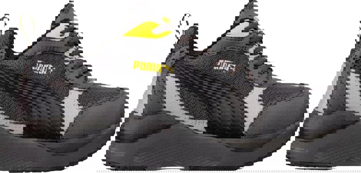 PUMA Safety PUMA Shift S1P Mens Composite Toe Midsole Work Shoes Trainers, a sturdy black and grey work shoe with yellow accents and PUMA branding, designed for industrial safety and comfort.