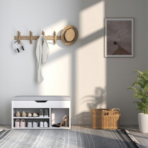 Wyld Haus Zima Wooden White Shoe Storage Bench With Hidden Compartment And Grey Padded Seat