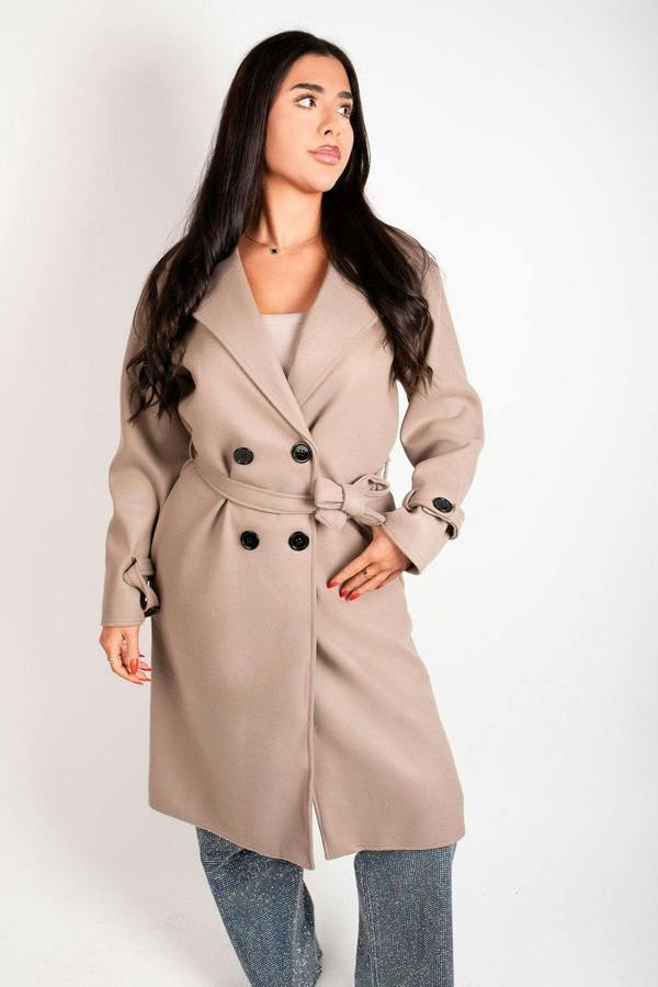 Avlina Double Breasted Belted Longline Coat - Beige
