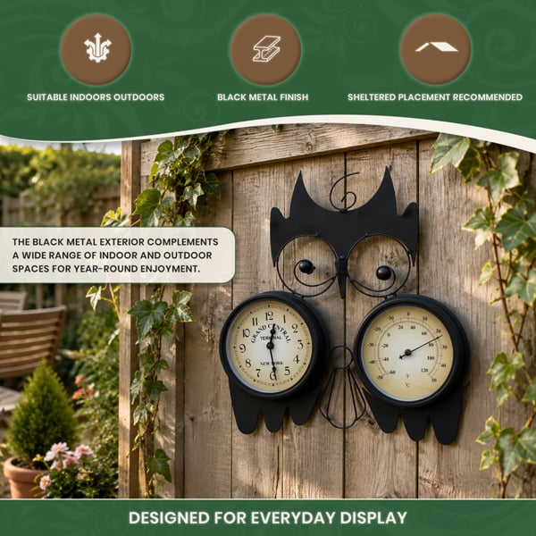Owl Design Clock with Thermometer in Black Metal, Wall Mounted Indoor or Outdoor Feature with Mounting Bracket, 15cm Clock Face