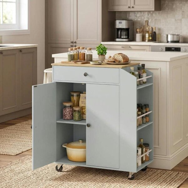 Rolling Kitchen Island with 3-Tier Spice Rack, Kitchen Storage Cart with Drawer and Towel Rack, Light Blue