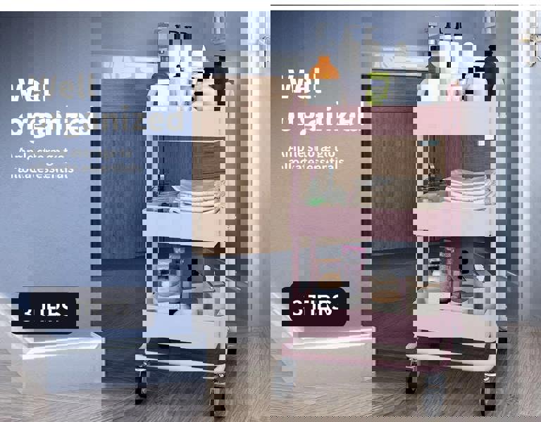 Levede 3 Tiers Kitchen Trolley Cart Steel Storage Rack Shelf Organiser Pink