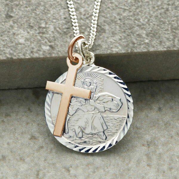 Christopher James of London Sterling Silver Diamond Cut 19mm St Christopher Pendant With Optional Engraving and Chain