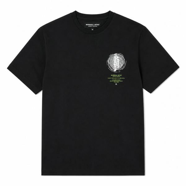 Black Marshall Artist short-sleeve cotton t-shirt with a white circular graphic and neon green text on the chest.