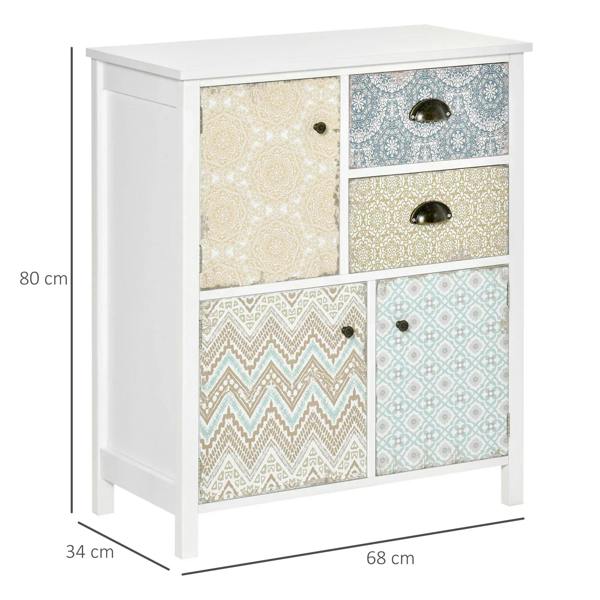 White sideboard cabinet with patterned panels and four doors, bronze knob hardware