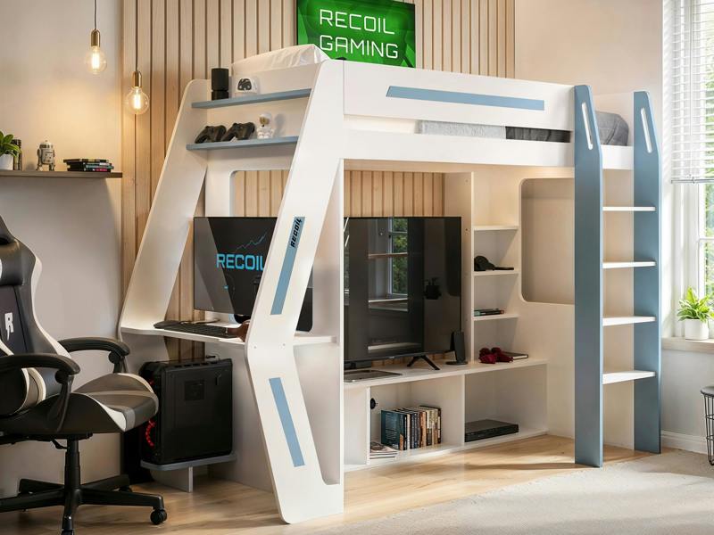 Recoil Alister Gaming High Sleeper with Desk & TV Stand White & Blue