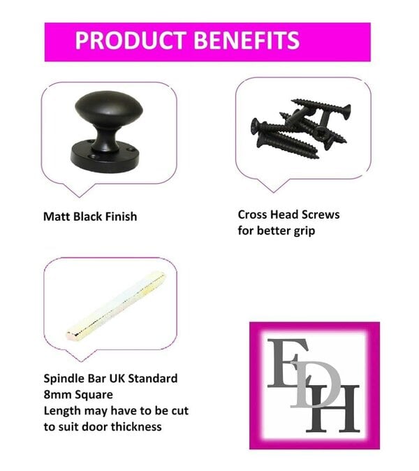 EDH Door Hardware Matt Black Round Door Knob Set Including Tubular Latch - Victorian Style Sprung Internal & External Door Knobs