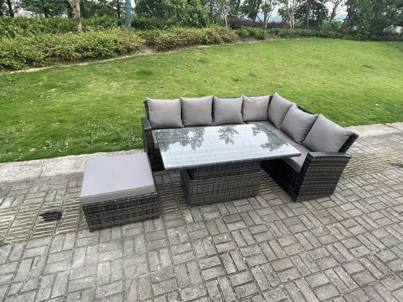 Fimous 7 Seater?Outdoor Rattan High Back Adjustable Rising Lifting Dining Table Corner Sofa Set Garden Furniture Dark Grey Mixed Right Hand