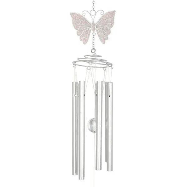 Butterfly-topped metal wind chime with clear tube panels and a curved center piece