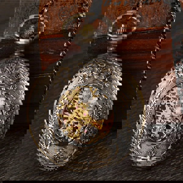 TruClothing Mechanical Skeleton Wooden Half Hunter Pocket Watch