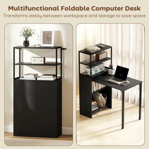 Wyld Haus Serana 105cm Wooden Black Folding Work Table With Integrated Shelving