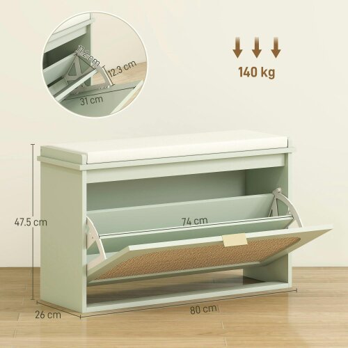 Wyld Haus Rikena Coyo Wooden Light Green Boho Style Shoe Bench With Cushioned Seat And Flip Drawer