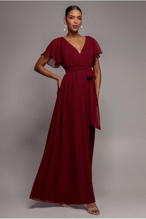 Sustainable Chiffon Flutter Sleeve Wrap Maxi Dress - Berry DR2486BBS