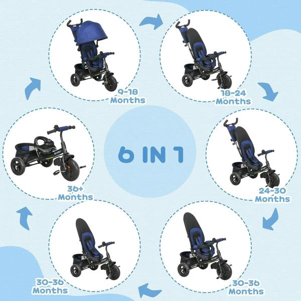 Multi-mode kids trike push bike shown in multiple seat positions with canopy