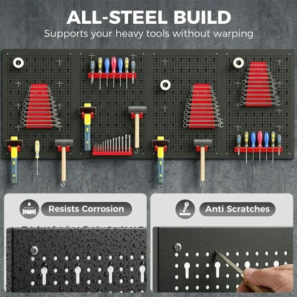 38 Pcs Wall-Mounted Pegboard with 4 Boards, Garage Tool Storage Unit Black and Red