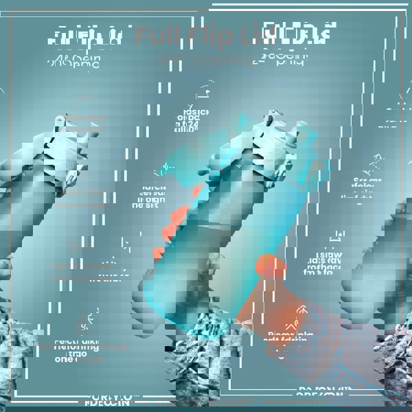 A teal water bottle with a full flip lid is held by a hand; the lid opens 240 degrees. The bottle is shown against a blue background. The text reads: “Full Flip Lid 240° Opening,” “Folds back a full 240°,” “Safer clear line of sight,” “Lid sits away from the face,” “Perfect for drinking on the go,” “POD RECYCLON™.”