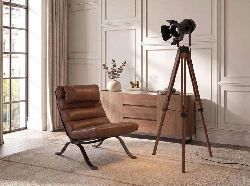 Angel Cerdá Floor lamp in black steel and walnut-coloured pine wood 8109