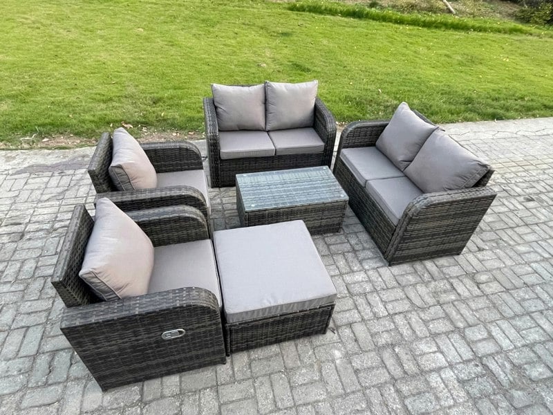 Fimous Rattan Garden Furniture Set Patio Outdoor Lounge Sofa Set with 2 Reclining Chairs Rectangular Coffee Table Big Footstool Dark Grey Mixed