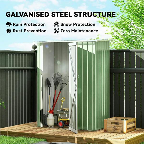 Green metal garden storage shed with open doors and visible tool and equipment