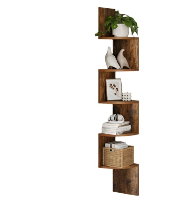Modcraft Rustic Brown 5-Tier Corner Wall Shelf – Floating Display Bookcase