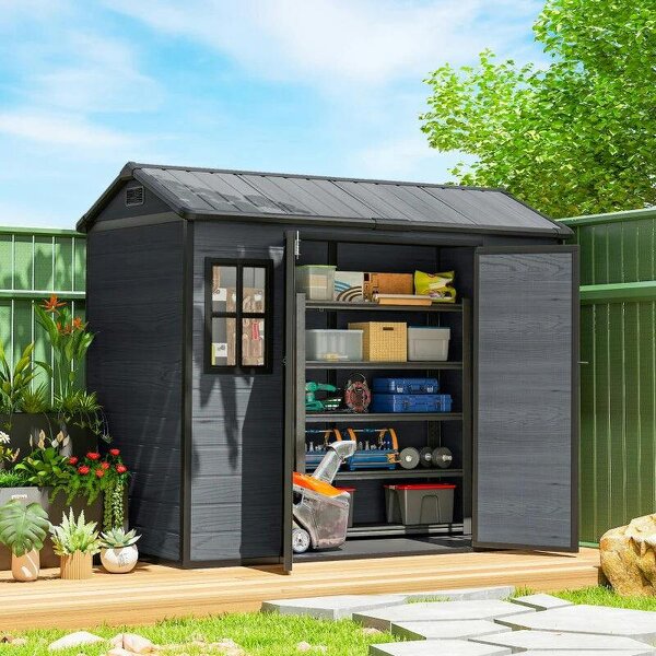 8 x 4 ft Resin Garden Shed, Wood-Effect Outdoor Storage Shed with Floor, Windows, Lockable Doors and Vents, Dark Grey - Dark Grey