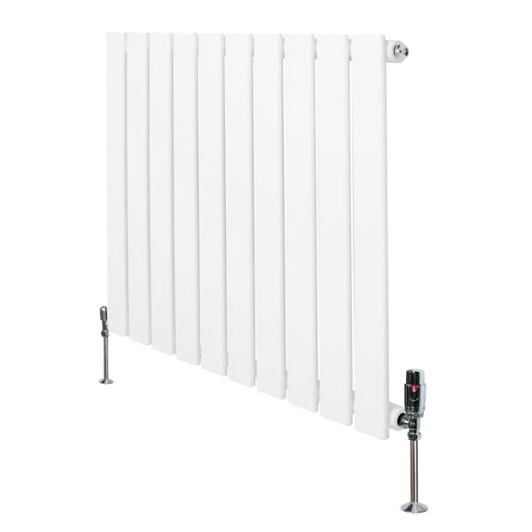 Flat single column radiator in white, measuring 600mm x 700mm, featuring sleek vertical panels and stylish valves on the sides
