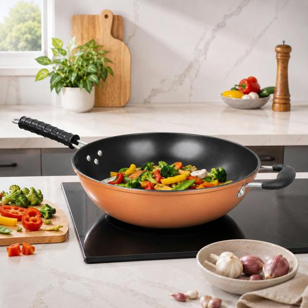 Gr8 Home Large Copper Style Carbon Steel Non-Stick Wok Chinese Stir Frying Pan 30cm 12"